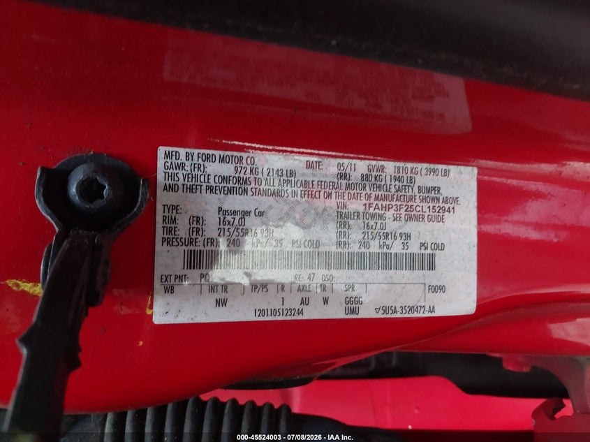 2012 Ford Focus VIN 1FAHP3F25CL152941 IAAI salvage auction — NORMAL WEAR, Repossession Paperwork (Georgia), sold $500 on 2026-08-02 (photo 9)
