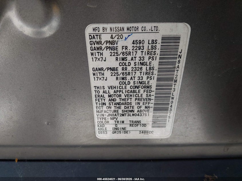 2020 Nissan Rogue VIN JN8AT2MT3LW043751 IAAI salvage auction — NORMAL WEAR, Clear - Dealer Only (California), sold $1,900 on 2026-07-09 (photo 9)