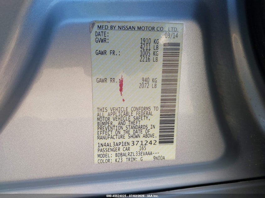 2014 Nissan Altima VIN 1N4AL3AP1EN371242 IAAI salvage auction — SIDE, Salvage Title, sold $425 on 2026-07-24 (photo 9)