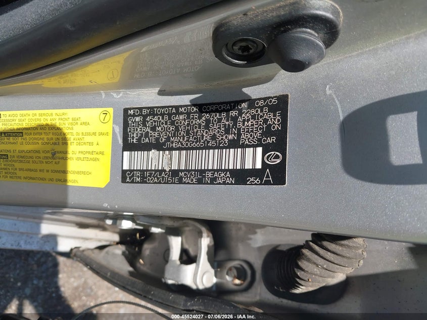 2006 Lexus Es 330 VIN JTHBA30G665145123 IAAI salvage auction — NORMAL WEAR, Clear (Louisiana), sold $475 on 2026-07-13 (photo 9)