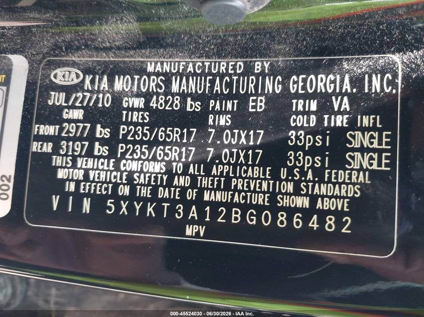 2011 Kia Sorento VIN 5XYKT3A12BG086482 IAAI salvage auction — NORMAL WEAR, Original (Ohio), sold $850 on 2026-07-16 (photo 9)