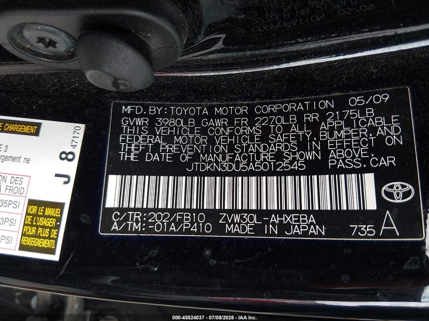 2010 Toyota Prius VIN JTDKN3DU5A5012545 IAAI salvage auction — NORMAL WEAR, Clear-Dealer Only (Washington), sold $875 on 2026-07-16 (photo 9)