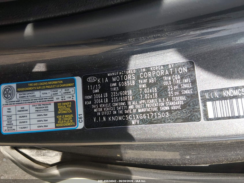 2016 Kia SEDONA VIN KNDMC5C1XG6171503 IAAI salvage auction — NORMAL WEAR, Regular Certificate (Iowa), sold $1,150 on 2026-07-20 (photo 9)