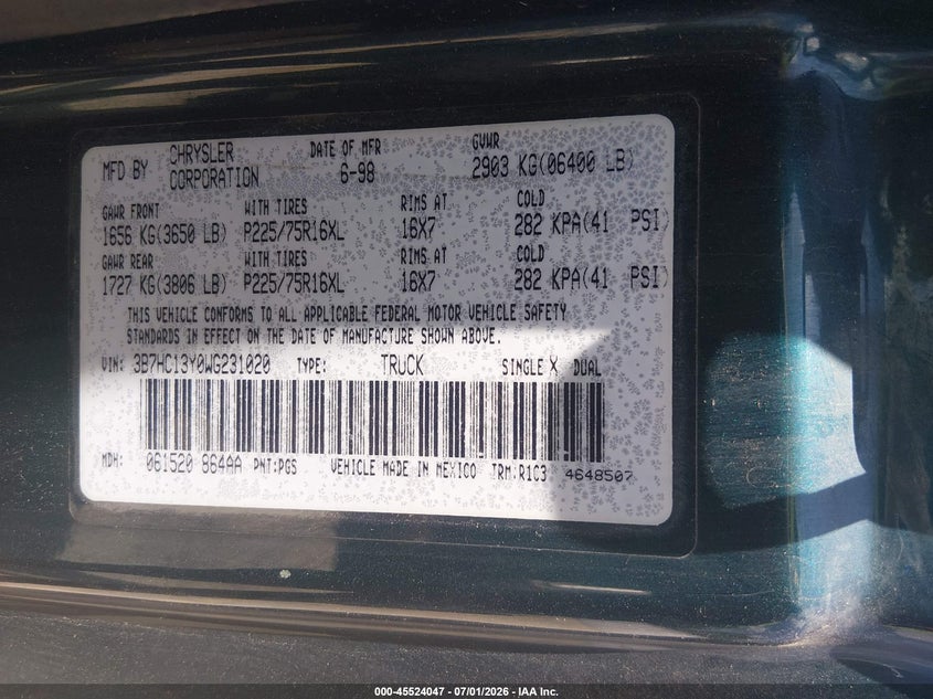 1998 Dodge Ram 1500 VIN 3B7HC13Y0WG231020 IAAI salvage auction — NORMAL WEAR, Clear (Missouri), sold $325 on 2026-07-19 (photo 9)