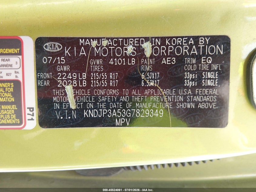 2016 Kia Soul VIN KNDJP3A53G7829349 IAAI salvage auction — NORMAL WEAR, Clear (Tennessee), sold $1,150 on 2026-07-30 (photo 9)