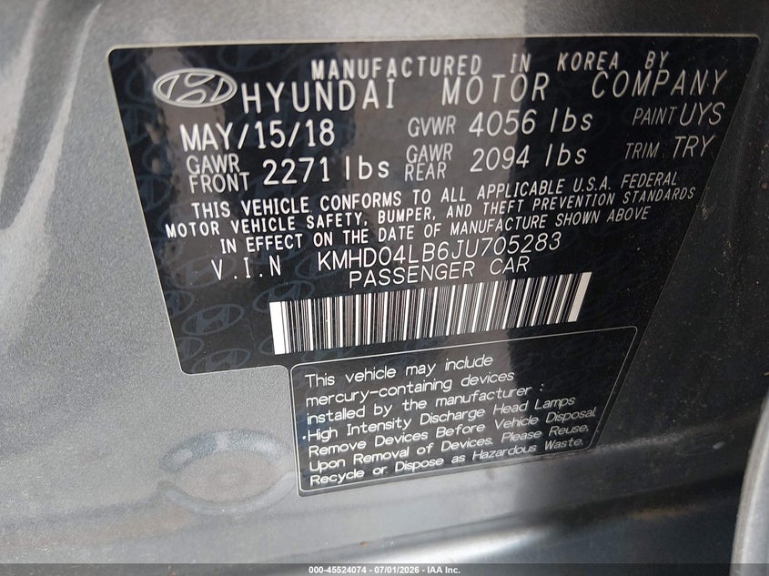 2018 Hyundai Elantra VIN KMHD04LB6JU705283 IAAI salvage auction — NORMAL WEAR, Clear (Texas), sold $2,200 on 2026-07-16 (photo 9)