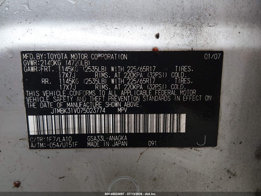2007 Toyota Rav4 VIN JTMBK31V075023774 IAAI salvage auction — NORMAL WEAR, Clear (Alabama), sold $550 on 2026-07-29 (photo 9)