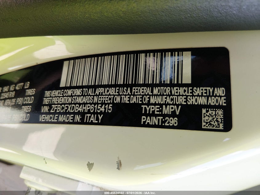 2017 Fiat 500x VIN ZFBCFXDB4HP615415 IAAI salvage auction — NORMAL WEAR, Original (Texas), sold $1,250 on 2026-07-20 (photo 9)