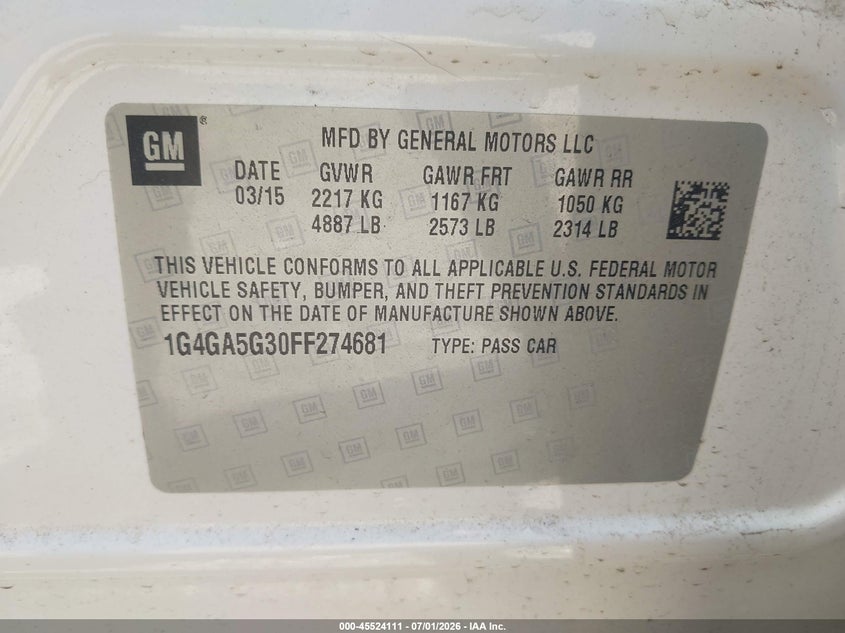 2015 Buick Lacrosse VIN 1G4GA5G30FF274681 IAAI salvage auction — RIGHT SIDE, Clear (Indiana), sold $1,300 on 2026-08-01 (photo 9)