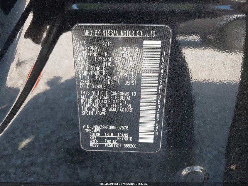 2011 Infiniti Qx56 VIN JN8AZ2NF0B9502576 IAAI salvage auction — NORMAL WEAR, Clear (Georgia), sold $650 on 2026-07-16 (photo 9)