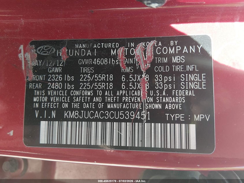 2012 Hyundai Tucson VIN KM8JUCAC3CU539451 IAAI salvage auction — NORMAL WEAR, Clear (Rhode Island), sold $1,000 on 2026-07-14 (photo 9)