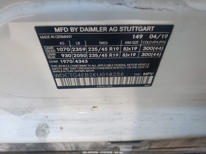 2019 Mercedes-benz Gla-klasse VIN WDCTG4EB2KU018256 IAAI salvage auction — LEFT SIDE, Salvage (North Carolina), sold $3,950 on 2026-07-27 (photo 9)