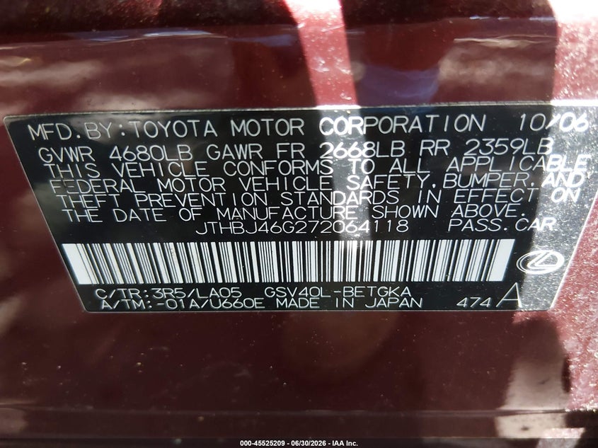 2007 Lexus Es 350 VIN JTHBJ46G272064118 IAAI salvage auction — NORMAL WEAR, Clear (Virginia), sold $850 on 2026-07-16 (photo 9)