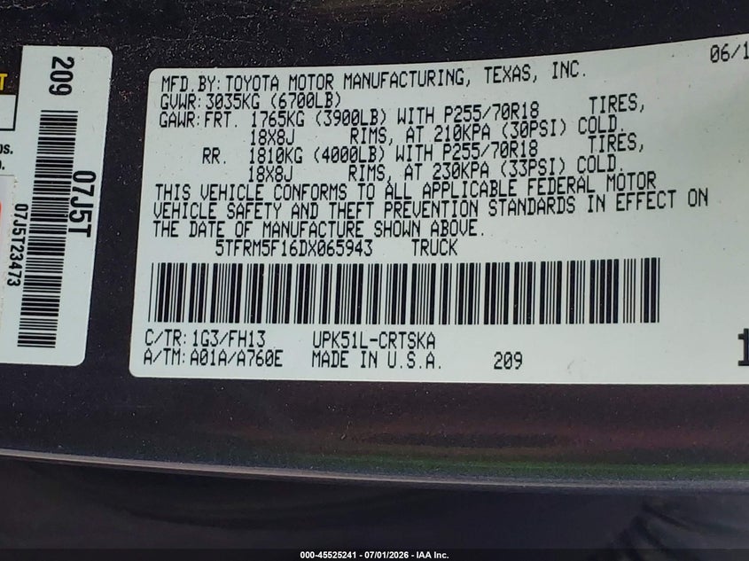 2013 Toyota Tundra VIN 5TFRM5F16DX065943 IAAI salvage auction — FRONT END, Salvage (Louisiana), sold $2,550 on 2026-08-02 (photo 9)