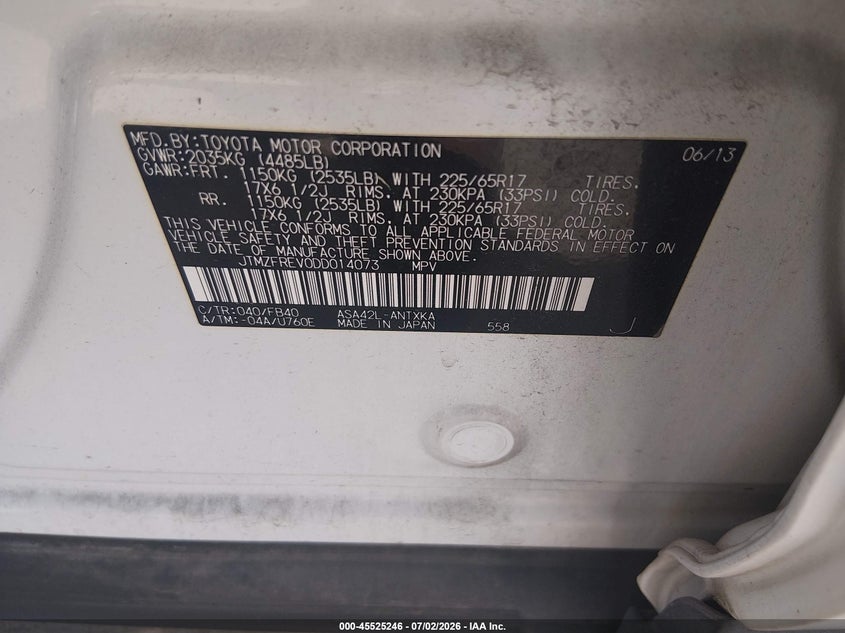2013 Toyota Rav 4 VIN JTMZFREV0DD014073 IAAI salvage auction — LEFT SIDE, Original (Texas), sold $3,300 on 2026-07-31 (photo 9)