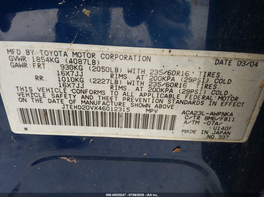2004 Toyota Rav4 VIN JTEHD20VX46012315 IAAI salvage auction — NORMAL WEAR, Clear-Dealer Only (West Virginia), sold $925 on 2026-07-23 (photo 9)