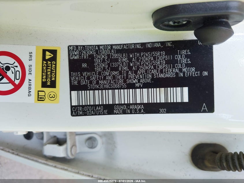 2012 Toyota Highlander VIN 5TDYK3EH8CS068755 IAAI salvage auction — LEFT FRONT, Salvage (Missouri), sold $3,850 on 2026-08-02 (photo 9)