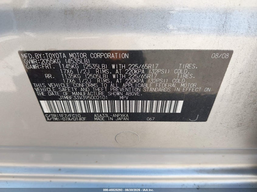2009 Toyota Rav4 VIN JTMBF33V395002101 IAAI salvage auction — TRANSMISSION, Clear (Virginia), sold $1,350 on 2026-07-24 (photo 9)