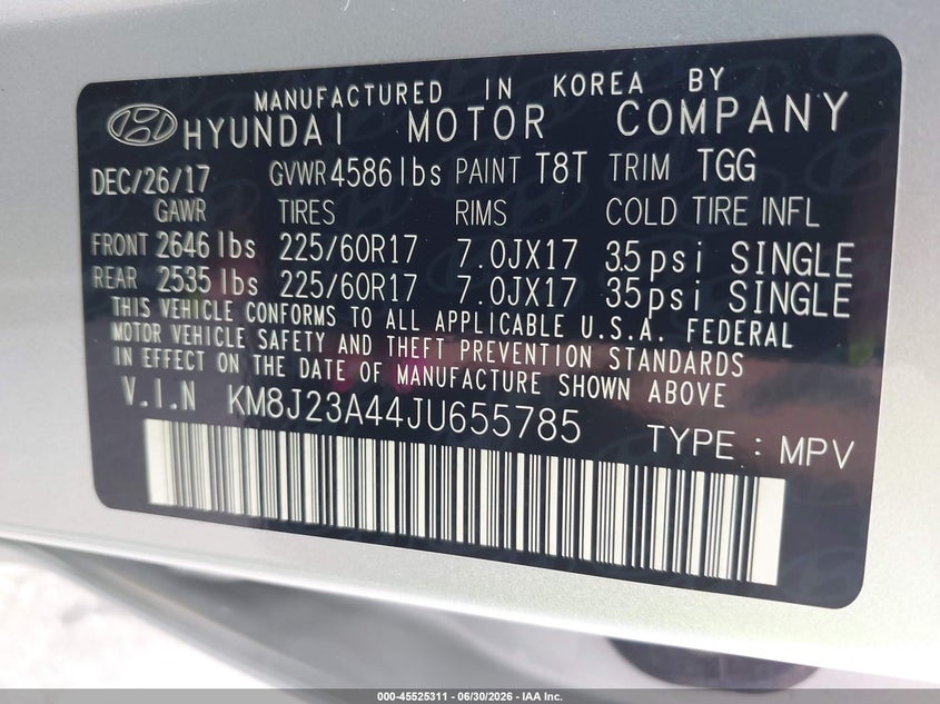 2018 Hyundai Tucson VIN KM8J23A44JU655785 IAAI salvage auction — NORMAL WEAR, Sf97 (New York), sold $11,100 on 2026-07-23 (photo 9)