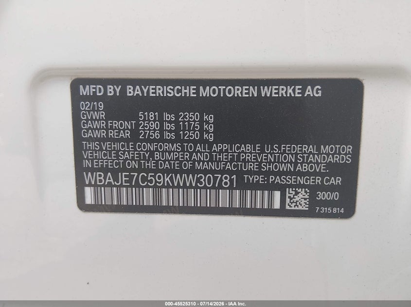 2019 BMW 5er VIN WBAJE7C59KWW30781 IAAI salvage auction — FRONT END, Salvage Title, sold $13,300 on 2026-07-28 (photo 9)