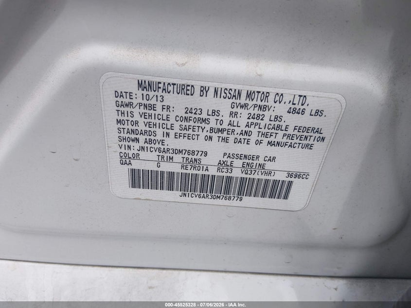 2013 Infiniti G VIN JN1CV6AR3DM768779 IAAI salvage auction — RIGHT FRONT, Salvage (Ohio), sold $25 on 2026-07-22 (photo 9)