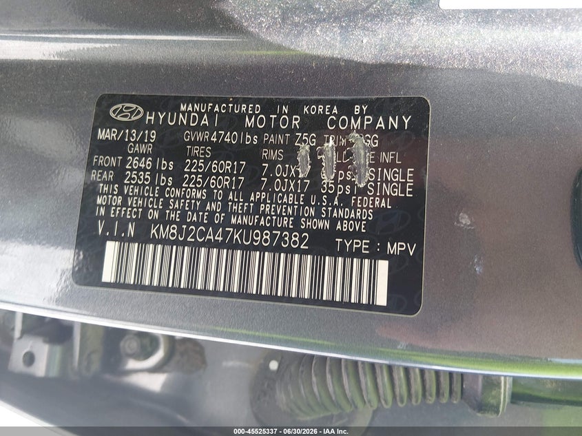 2019 Hyundai Tucson VIN KM8J2CA47KU987382 IAAI salvage auction — NORMAL WEAR, Sf97 (Oklahoma), sold $9,850 on 2026-08-03 (photo 9)