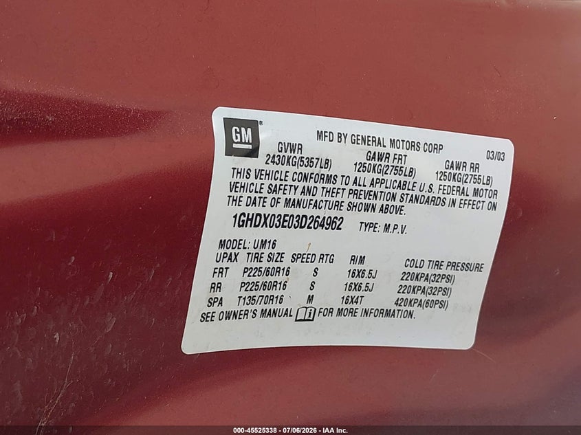 2003 Oldsmobile Silhouette VIN 1GHDX03E03D264962 IAAI salvage auction — NORMAL WEAR, Original (Texas), sold $275 on 2026-07-28 (photo 9)