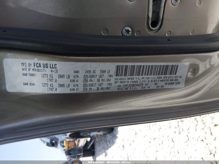 2019 Jeep Cherokee VIN 1C4PJMCB8KD440379 IAAI salvage auction — NORMAL WEAR, Sf97 (Oklahoma), sold $7,950 on 2026-08-03 (photo 9)