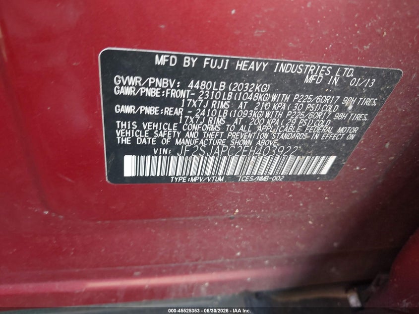 2014 Subaru Forester VIN JF2SJAPC2EH403922 IAAI salvage auction — NORMAL WEAR, Clear (Pennsylvania), sold $2,125 on 2026-07-17 (photo 9)