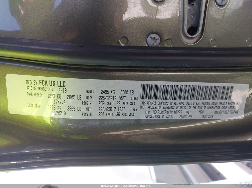 2019 Jeep Cherokee VIN 1C4PJMCB4KD440377 IAAI salvage auction — NORMAL WEAR, Sf97 (Oklahoma), sold $9,575 on 2026-08-03 (photo 9)