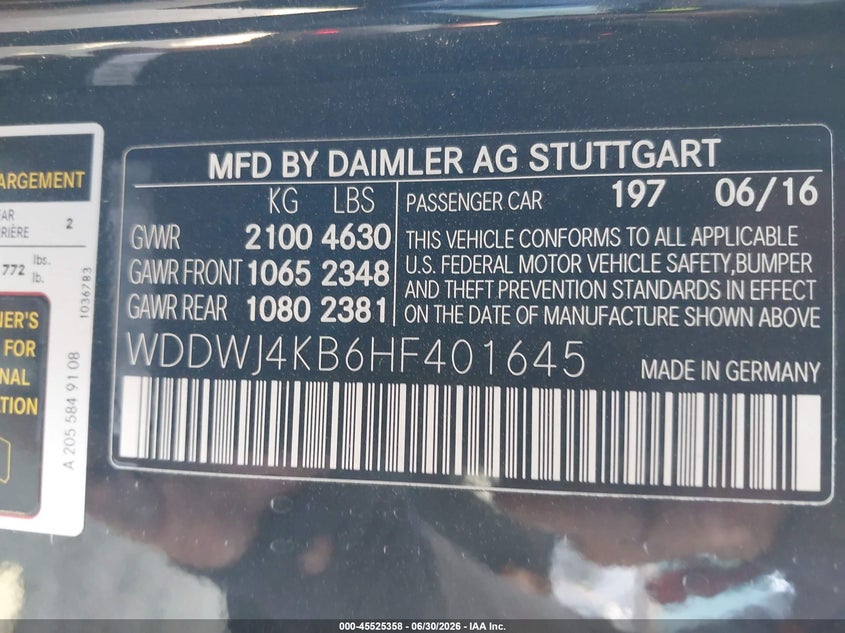 2017 Mercedes-benz VIN WDDWJ4KB6HF401645 IAAI salvage auction — REAR END, Salvage Title, sold $9,100 on 2026-07-31 (photo 9)