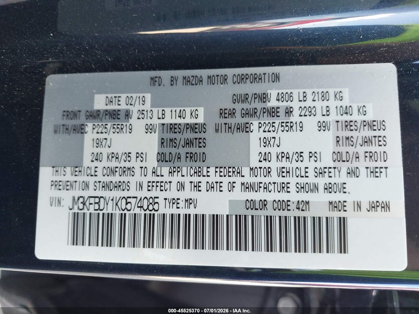 2019 Mazda Cx-5 VIN JM3KFBDY1K0574085 IAAI salvage auction — RIGHT FRONT, Original (Texas), sold $7,200 on 2026-08-27 (photo 9)