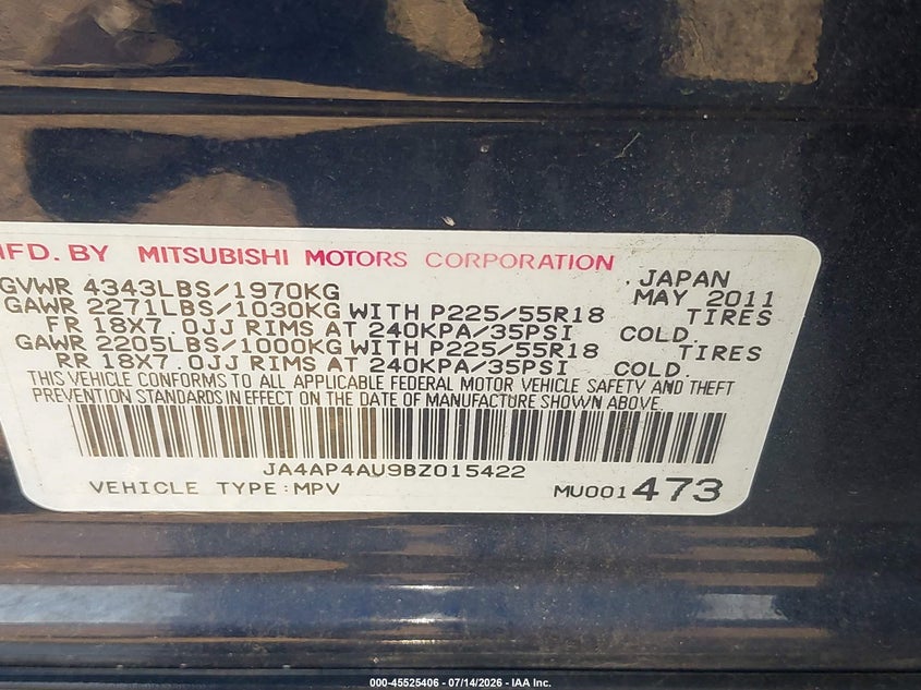 2011 Mitsubishi Outlander sport VIN JA4AP4AU9BZ015422 IAAI salvage auction — NORMAL WEAR, Clear (Maryland), sold $650 on 2026-07-27 (photo 9)