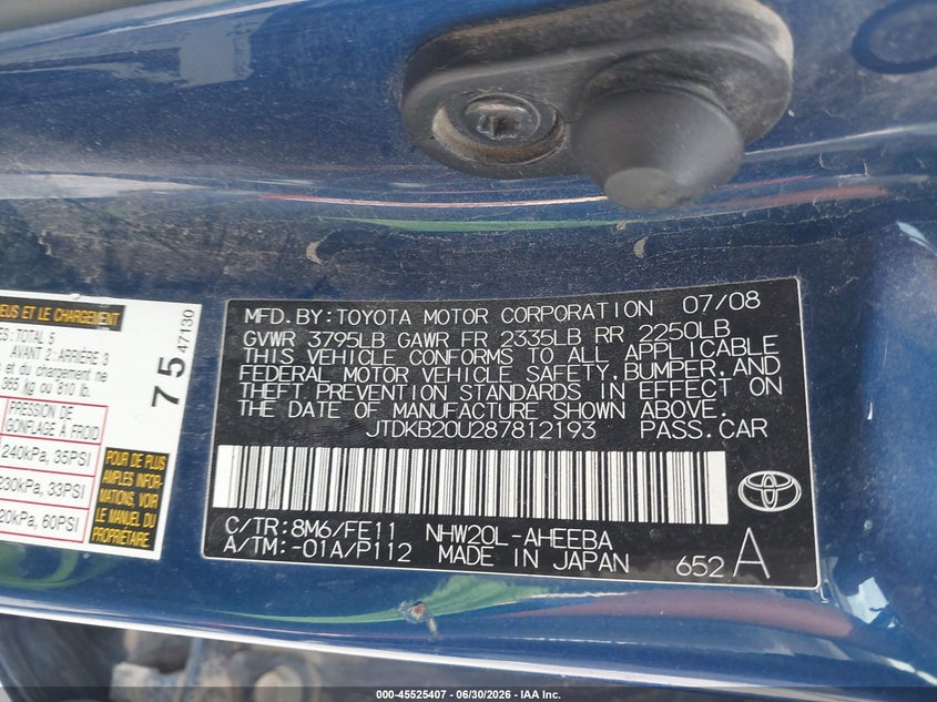2008 Toyota Prius VIN JTDKB20U287812193 IAAI salvage auction — RIGHT FRONT, Salvage (Iowa), sold $1,200 on 2026-07-28 (photo 9)