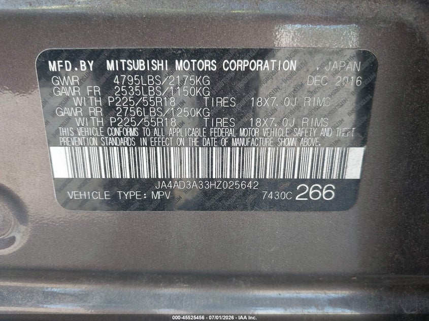 2017 Mitsubishi Outlander VIN JA4AD3A33HZ025642 IAAI salvage auction — FRONT END, Salvage (Georgia), sold $1,500 on 2026-07-22 (photo 9)