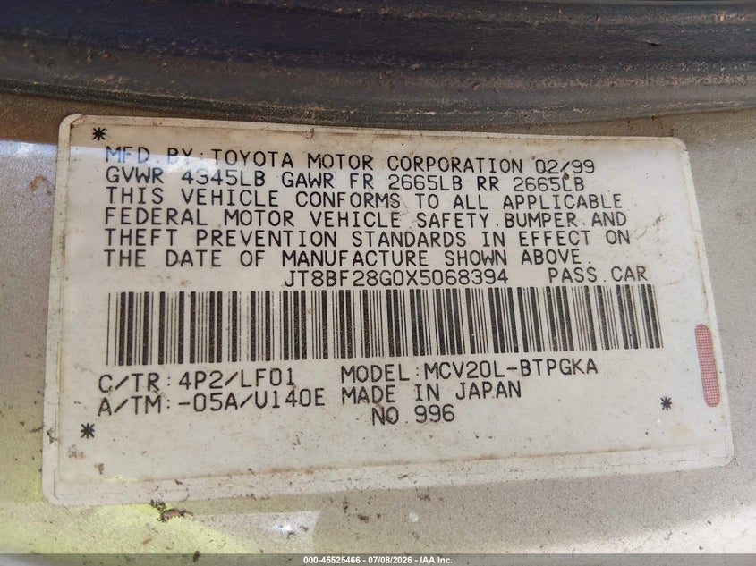 1999 Lexus Es 300 VIN JT8BF28G0X5068394 IAAI salvage auction — NORMAL WEAR, Clear (Kansas), sold $450 on 2026-07-15 (photo 9)