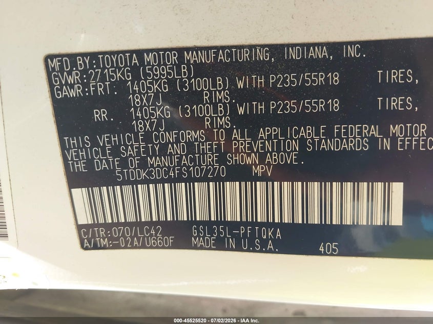 2015 Toyota Sienna VIN 5TDDK3DC4FS107270 IAAI salvage auction — FRONT END, Salvage (North Carolina), sold $2,650 on 2026-08-02 (photo 9)