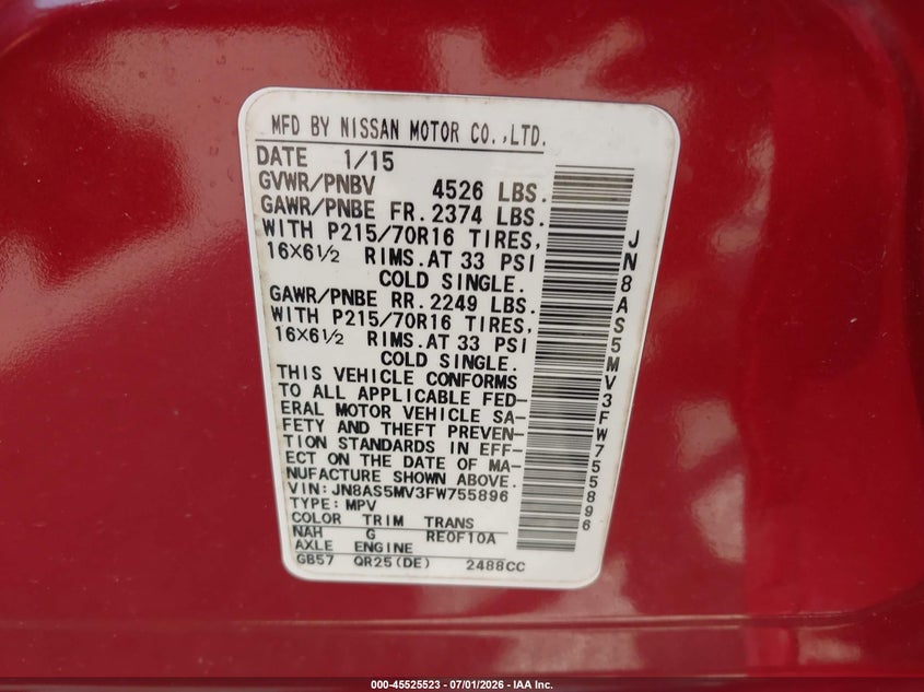 2015 Nissan Rogue VIN JN8AS5MV3FW755896 IAAI salvage auction — NORMAL WEAR, Repossession Paperwork (Georgia), sold $850 on 2026-07-30 (photo 9)