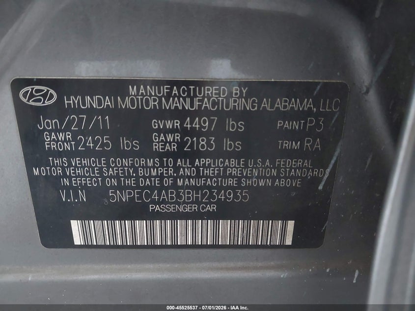 2011 Hyundai Sonata VIN 5NPEC4AB3BH234935 IAAI salvage auction — LEFT FRONT, Rebuildable (Florida), sold $475 on 2026-07-29 (photo 9)