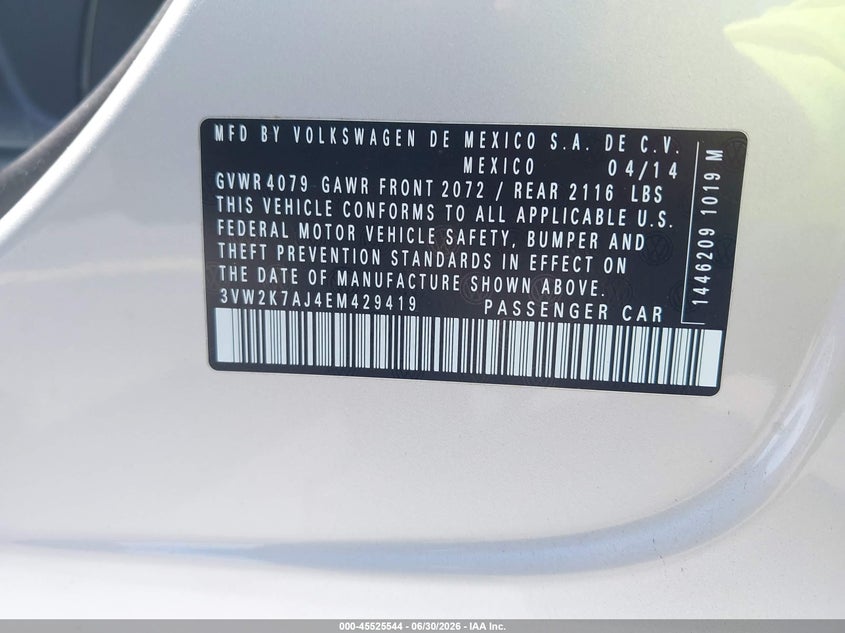 2014 Volkswagen Jetta VIN 3VW2K7AJ4EM429419 IAAI salvage auction — LEFT FRONT, Salvage Title, sold $375 on 2026-08-15 (photo 9)