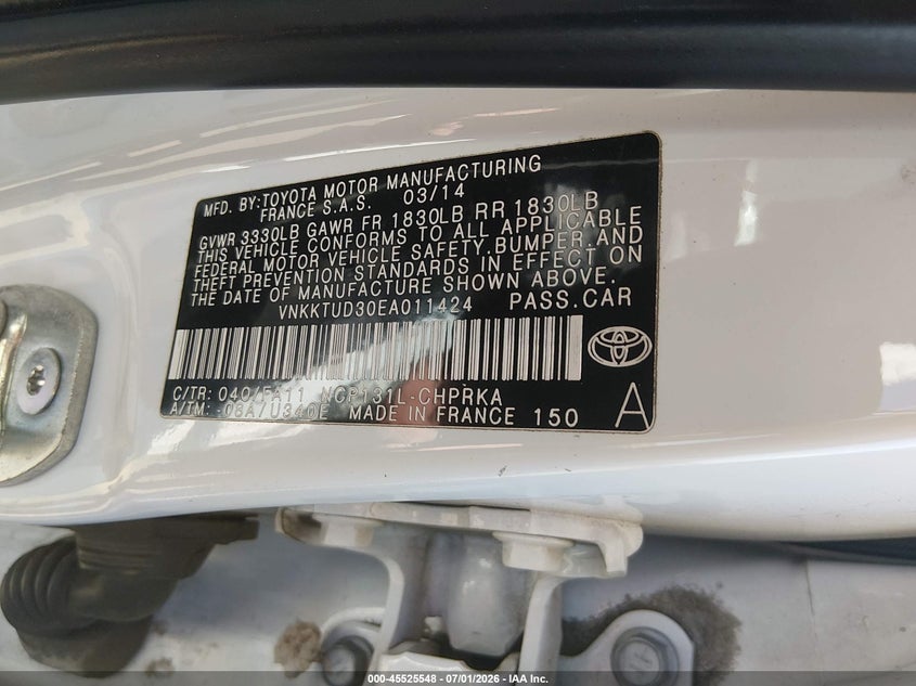 2014 Toyota Yaris VIN VNKKTUD30EA011424 IAAI salvage auction — RIGHT SIDE, Salvage (Arizona), sold $2,100 on 2026-07-15 (photo 9)