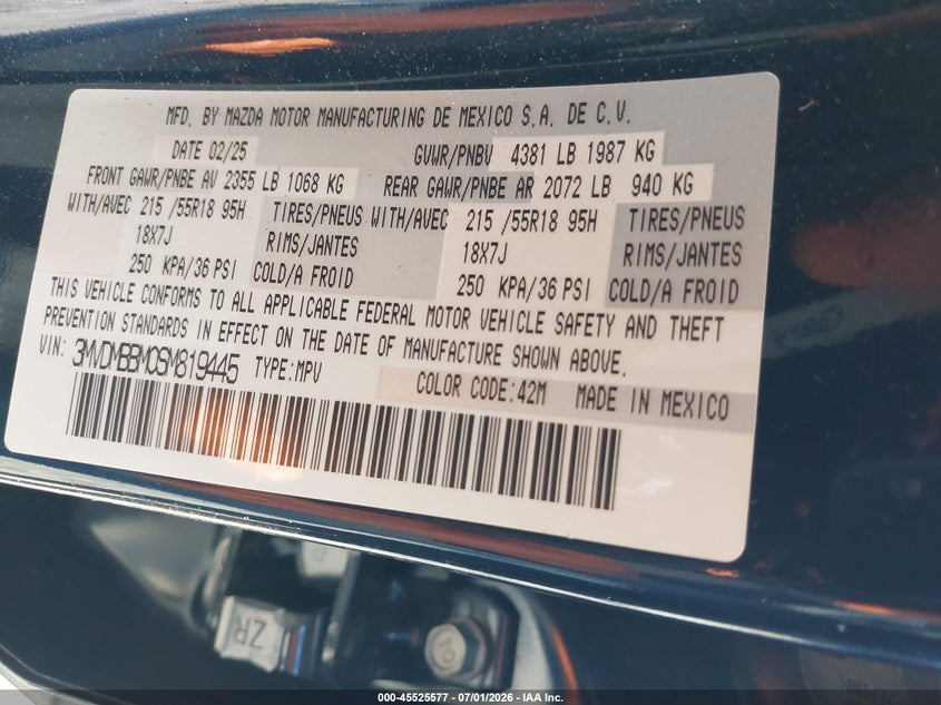 2025 Mazda Cx-30 VIN 3MVDMBBM0SM819445 IAAI salvage auction — REAR END, Wait Title, sold $8,200 on 2026-08-27 (photo 9)