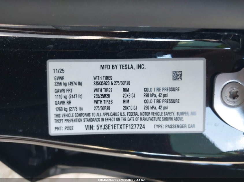 2026 Tesla Model 3 VIN 5YJ3E1ETXTF127724 IAAI salvage auction — FRONT END, Rebuildable (Florida), sold $18,300 on 2026-07-12 (photo 9)