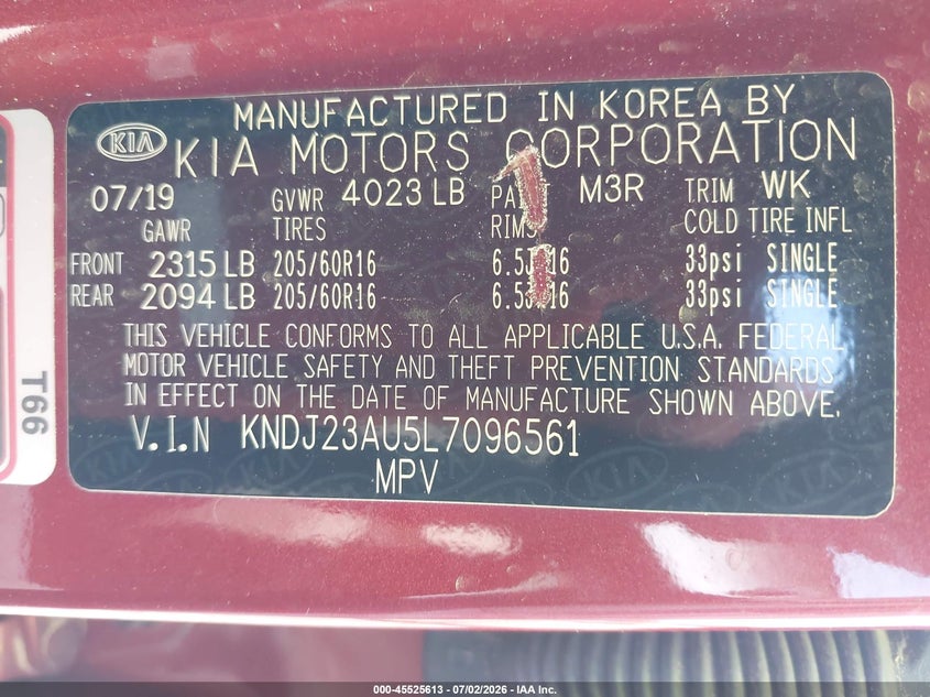 2020 Kia Soul VIN KNDJ23AU5L7096561 IAAI salvage auction — NORMAL WEAR, Clear (Alabama), sold $1,325 on 2026-07-29 (photo 9)