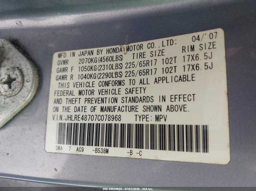 2007 Honda Cr-v VIN JHLRE48707C078968 IAAI salvage auction — RIGHT SIDE, Rebuildable (Florida), sold $1,100 on 2026-07-13 (photo 9)