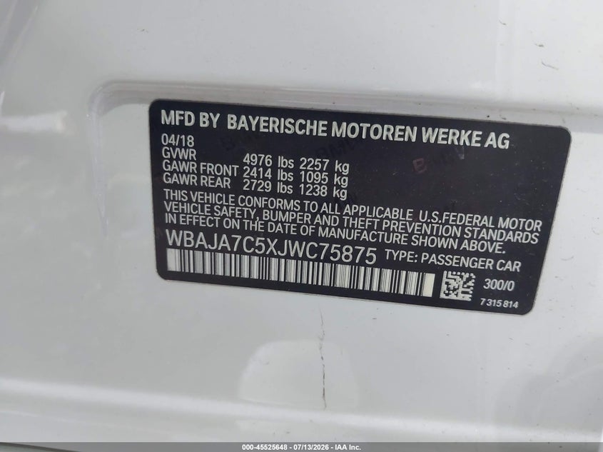 2018 BMW 5er VIN WBAJA7C5XJWC75875 IAAI salvage auction — RIGHT SIDE, Salvage (Virginia), sold $4,950 on 2026-07-30 (photo 9)