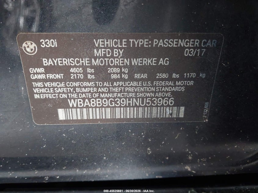 2017 BMW 3 series VIN WBA8B9G39HNU53966 IAAI salvage auction — NORMAL WEAR, Clear (Florida), sold $1,925 on 2026-07-28 (photo 9)