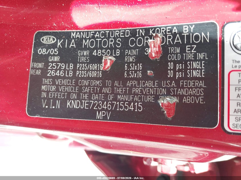 2006 Kia Sportage VIN KNDJE723467155415 IAAI salvage auction — REAR END, Rebuildable (Florida), sold $575 on 2026-07-23 (photo 9)