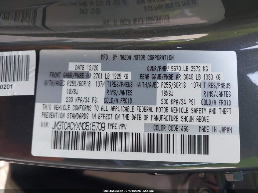 2021 Mazda Cx-9 VIN JM3TCACYXM0515709 IAAI salvage auction — REAR END, Salvage (North Carolina), sold $6,700 on 2026-08-02 (photo 9)