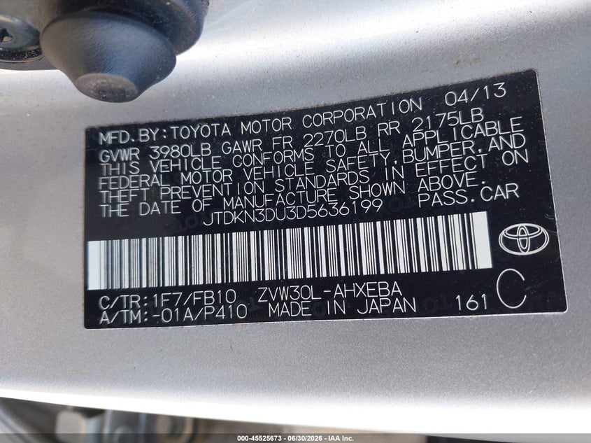 2013 Toyota Prius VIN JTDKN3DU3D5636199 IAAI salvage auction — NORMAL WEAR, Clear - Dealer Only (California), sold $3,150 on 2026-07-13 (photo 9)